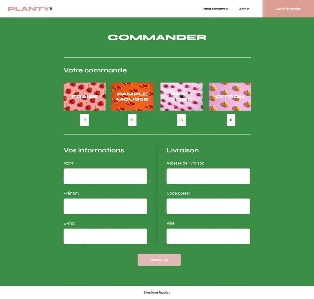 Page de commande avec les 4 différentes saveur ainsi que les informations a entrer pour commander