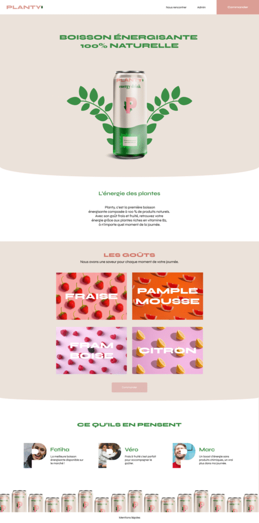 page d'accueil contenant le logo et les goûts différent de la boisson Planty