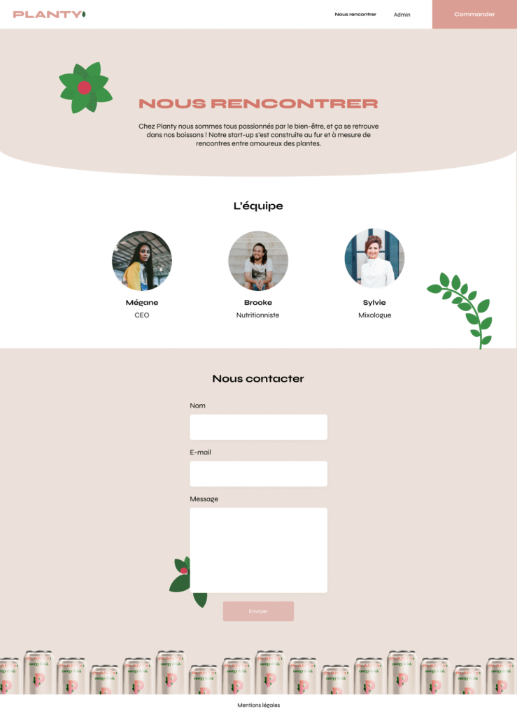 une page d'informations contenant l'équipe Planty et un moyen de contact